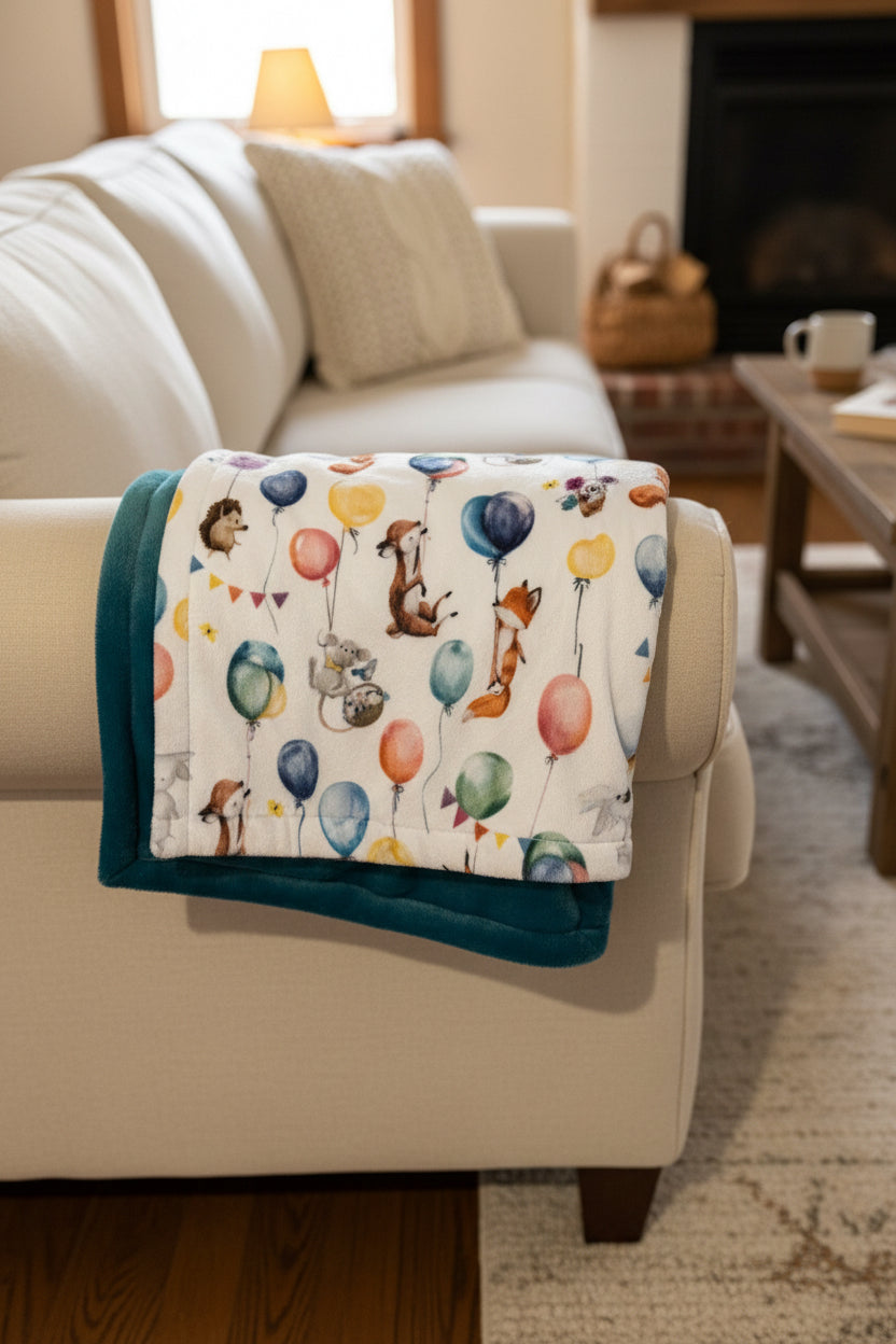 Woodland animals and balloons throw blanket draped, showing full print and teal minky edge