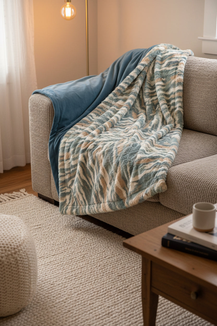 Woodland animals and balloons throw blanket draped, showing full print and teal minky edge