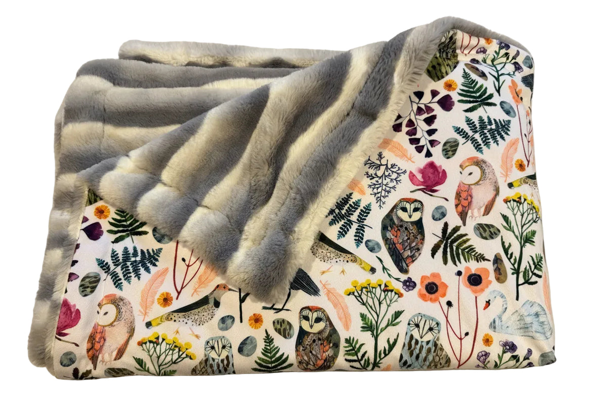 Botanical Birds & Gray and White Deluxe Plush Double-Sided Throw Blanket