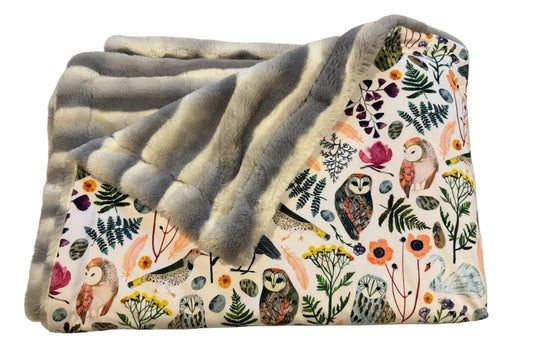 Botanical Birds & Gray and White Deluxe Plush Double-Sided Throw Blanket