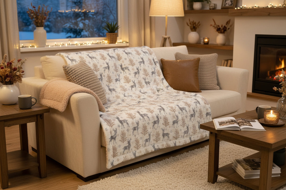 Winter Deer & Rosewater Plush Double-Sided Throw Blanket