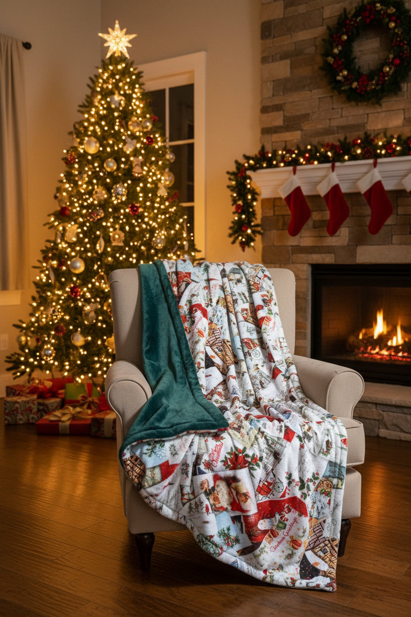 Christmas Cards & Dark Green Plush Double-Sided Throw Blanket