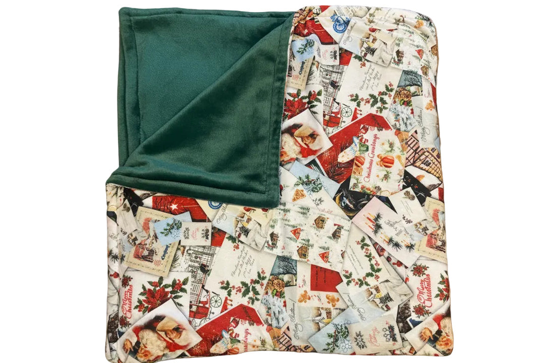 Christmas Cards & Dark Green Plush Double-Sided Throw Blanket