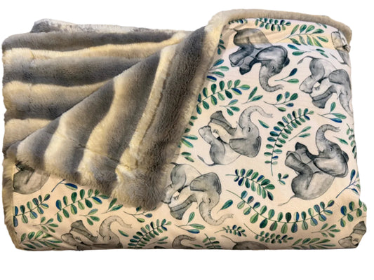 Large double-sided elephant and chinchilla-gray throw blanket