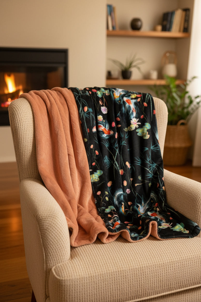 Small double-sided koi and lotus throw blanket with papaya plush reverse