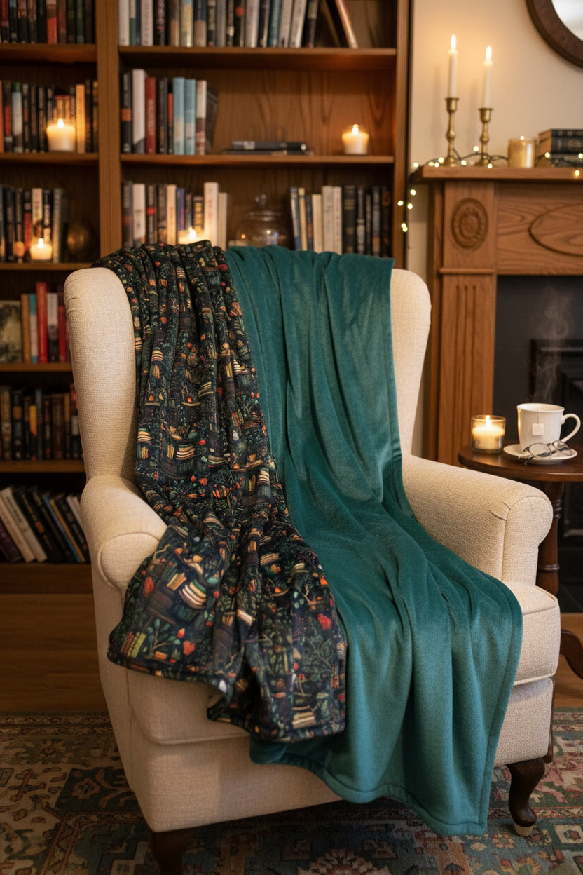 Books & Forest Plush Double-Sided Throw Blanket