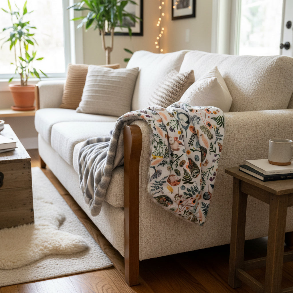 Botanical Birds & Gray and White Deluxe Plush Double-Sided Throw Blanket