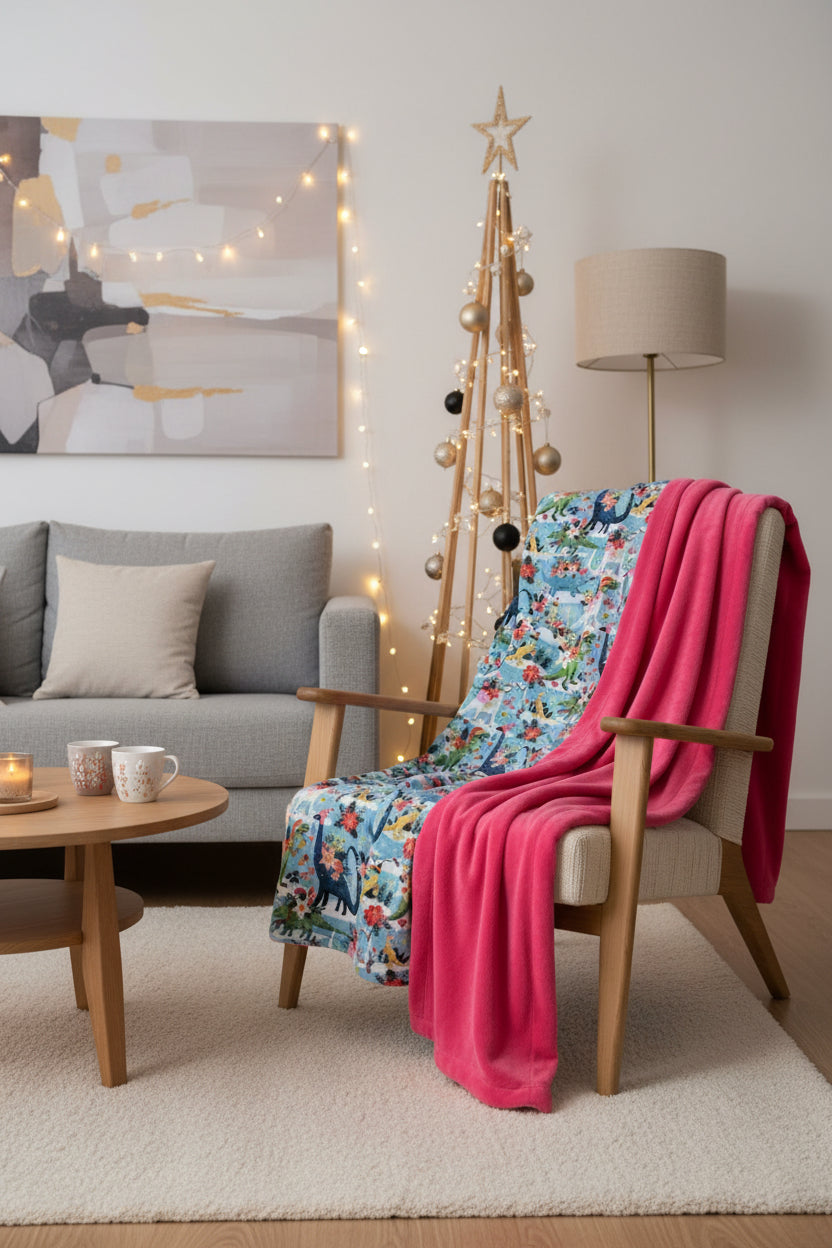 Large double-sided dinosaur floral and coral throw blanket