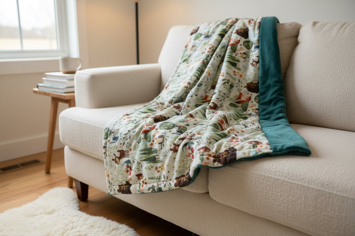 Folded double-sided throw blanket showing a whimsical woodland animals print with foxes, bears, deer, rabbits, mushrooms, and florals on a white background, with teal minky backing visible on the edges